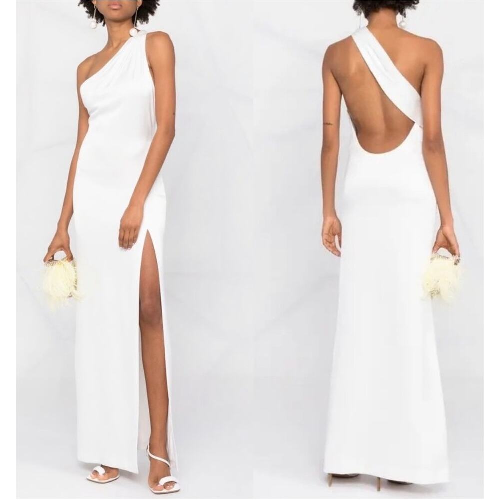 NWT Alice and Olivia Paulette One Shoulder Satin Open Back Gown Size 2 - Picture 2 of 16